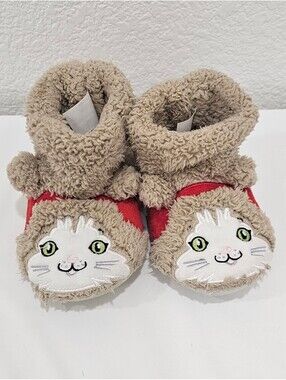 Department 56 Girls Fuzzy Kitten Bootie Slippers Size 7-8 Tan Red